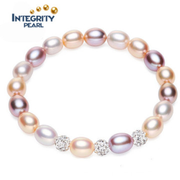 Cultured Pearl Bracelet AAA 7-8mm Rice Mixed Color Braid Natural Pearl Bracelet